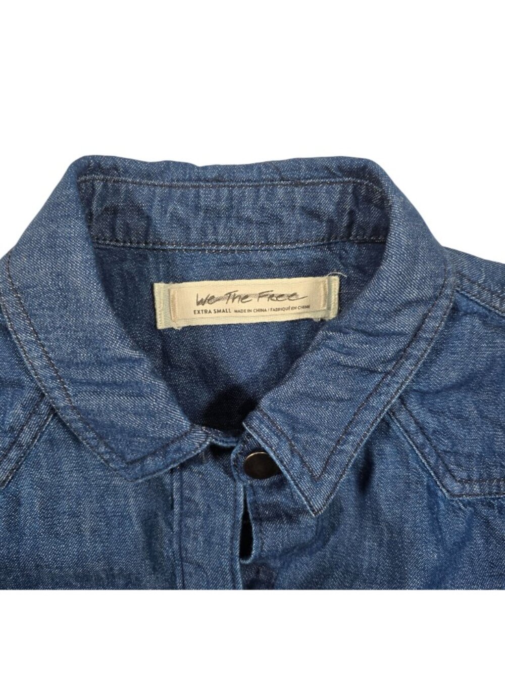 We The Free Women's XS Denim Snap Front Shirt Puff Sleeve Raw Hem Blue Western - Picture 4 of 14